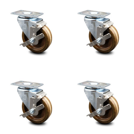 SERVICE CASTER 4 Inch High Temp Phenolic Wheel Swivel Top Plate Caster Set with Brake SCC SCC-20S414-PHRHT-TLB-TP3-4